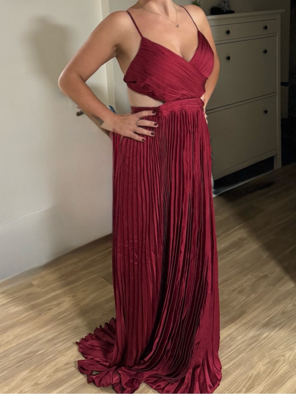 Burgundy Pleated Cutout Maxi Dress